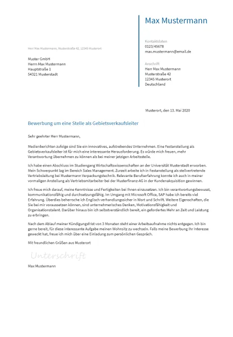 Anschreiben Gebietsverkaufsleiter erstellen