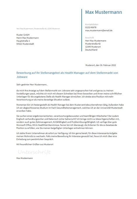 Anschreiben Health-Manager erstellen