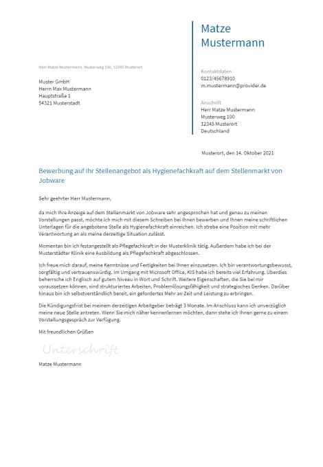 Anschreiben Hygienefachkraft erstellen