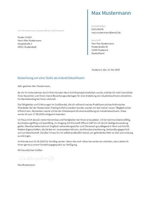Anschreiben Industriekaufmann erstellen