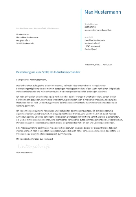 Anschreiben Industriewesen erstellen