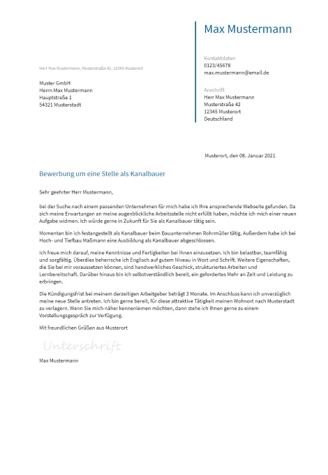 Anschreiben Kanalbauer erstellen