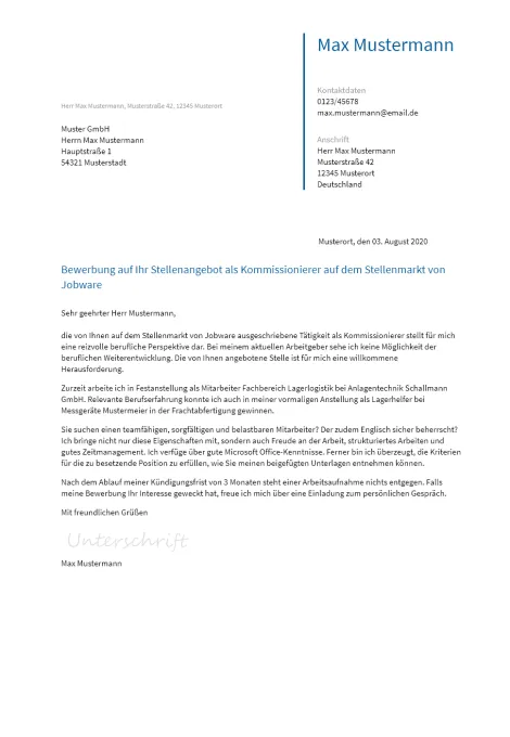Anschreiben Kommissionierer erstellen