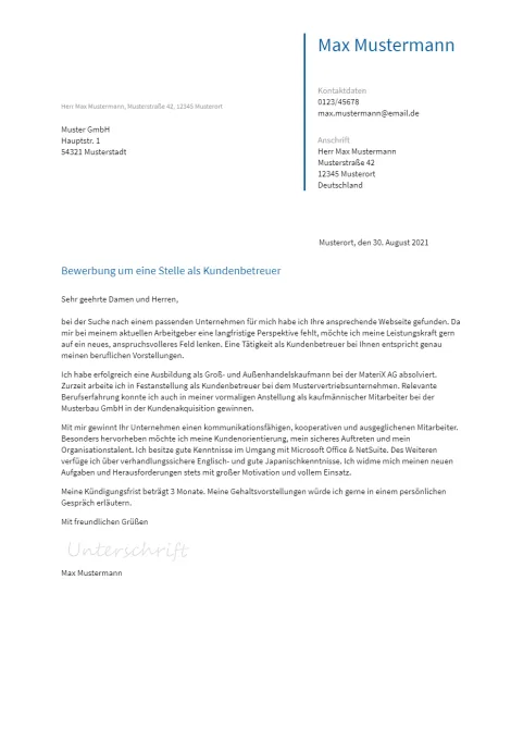 Anschreiben Kundenbetreuer erstellen