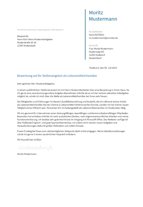 Anschreiben Lebensmittelchemiker erstellen
