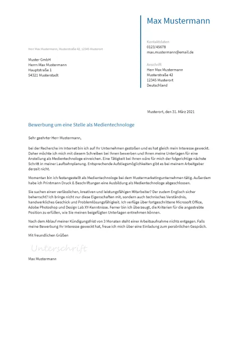 Anschreiben Medientechnologe erstellen