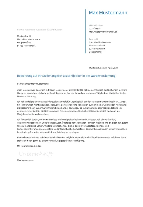 Anschreiben Minijob erstellen
