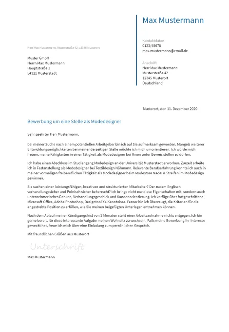 Anschreiben Modedesigner erstellen