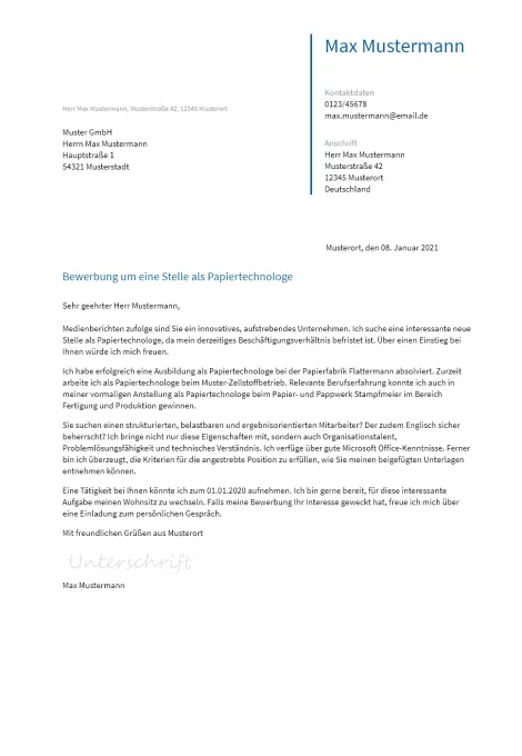 Anschreiben Papiertechnologe erstellen