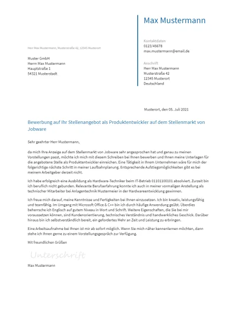 Anschreiben Produktentwickler erstellen