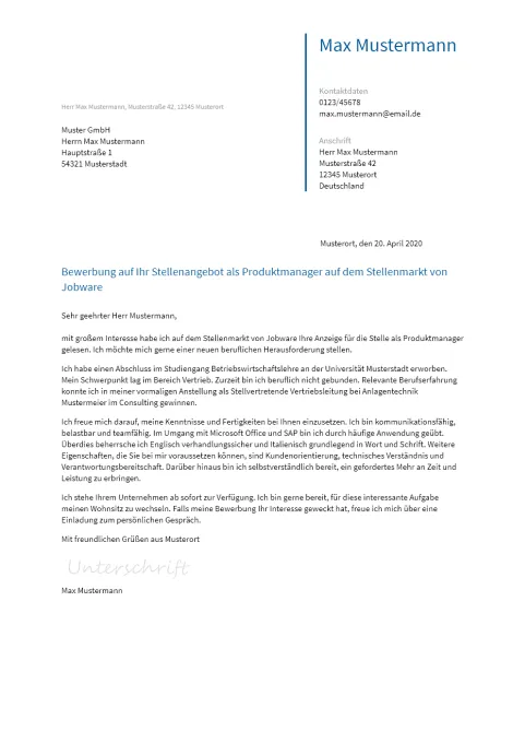 Anschreiben Produktmanager erstellen