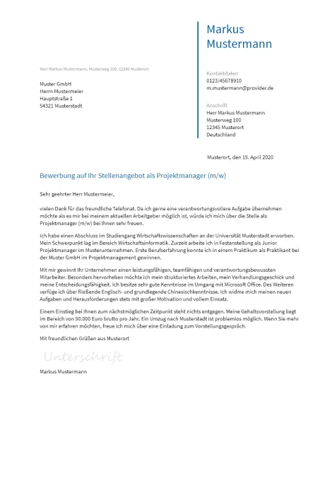 Anschreiben Projektmanager erstellen