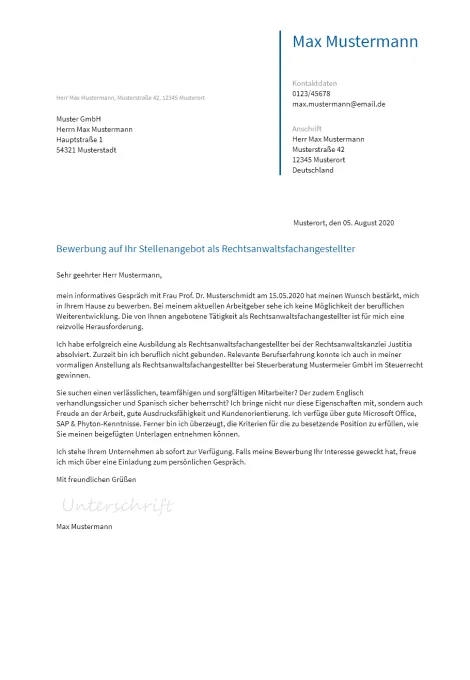 Anschreiben Rechtsanwaltsfachangestellter erstellen
