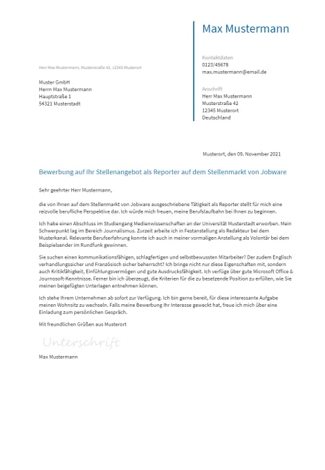 Anschreiben Reporter erstellen