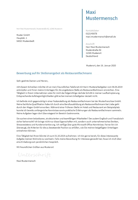 Anschreiben Restaurantfachmann erstellen