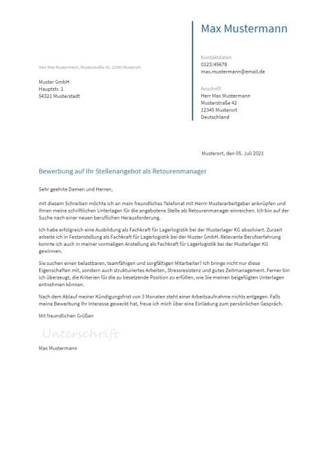 Anschreiben Retourenmanager erstellen