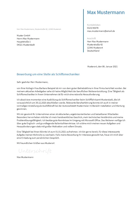 Anschreiben Schiffsmechaniker erstellen