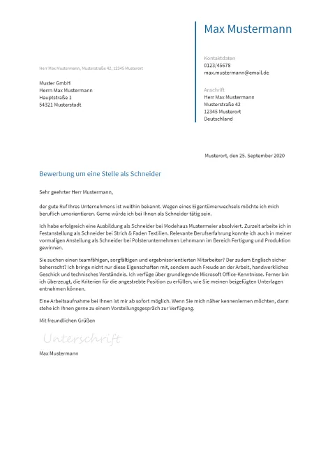 Anschreiben Schneider erstellen