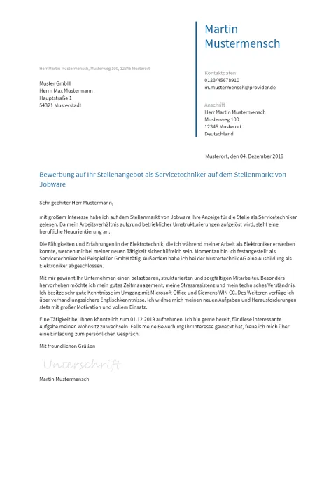 Anschreiben Servicetechniker erstellen