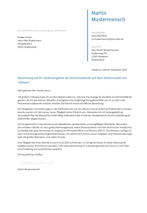 Anschreiben Sicherheitskraft erstellen