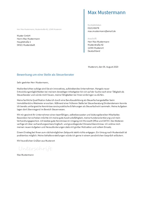 Anschreiben Steuerberater erstellen