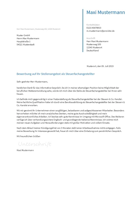 Anschreiben Steuerfachangestellter erstellen