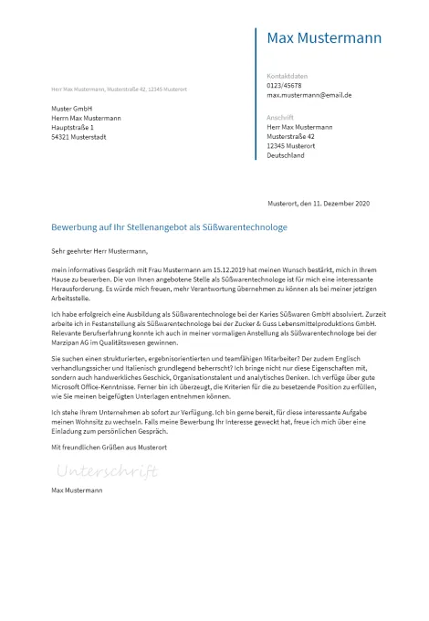 Anschreiben Suesswarentechnologe erstellen