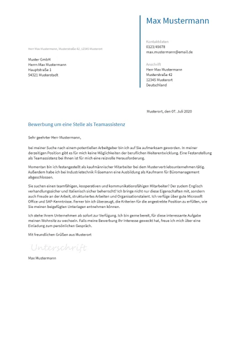 Anschreiben Teamassistenz erstellen