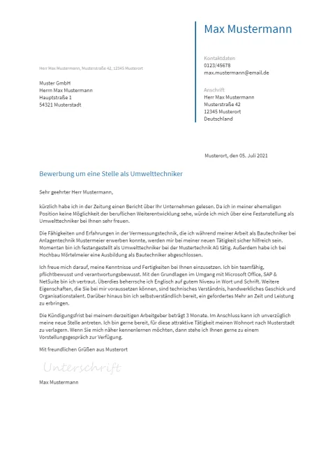 Anschreiben Umwelttechniker erstellen