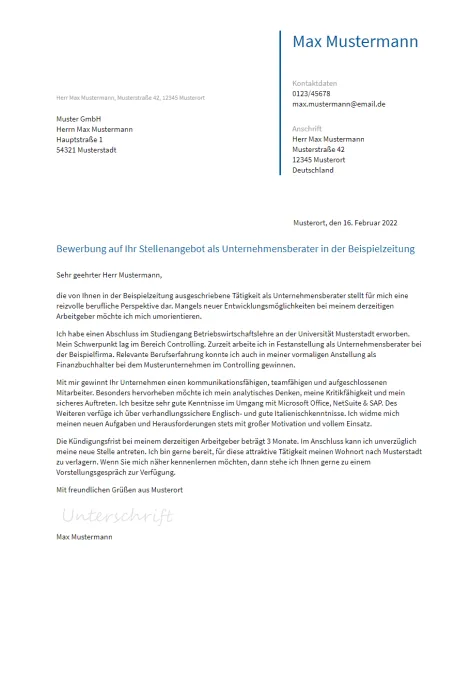 Anschreiben Unternehmensberater erstellen