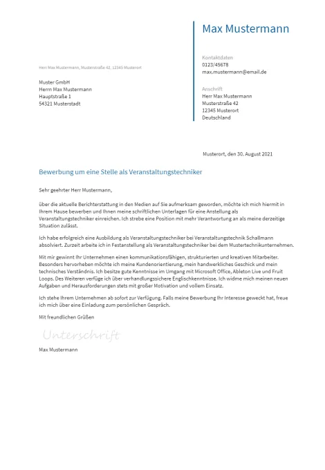 Anschreiben Veranstaltungstechniker erstellen