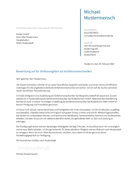 Anschreiben Verfahrensmechaniker erstellen