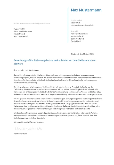 Anschreiben Verkaufsleiter erstellen