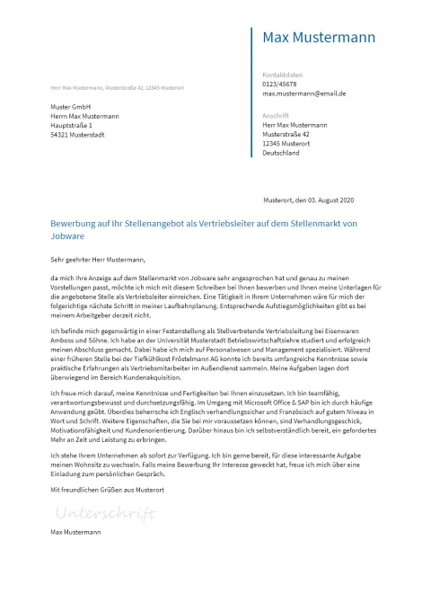 Anschreiben Vertriebsleiter erstellen