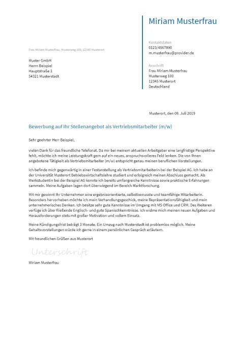 Anschreiben Vertriebsmitarbeiter erstellen